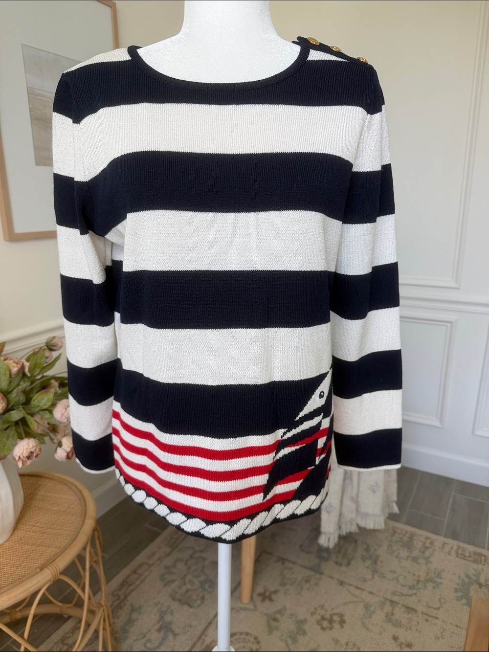 Rare Vintage 1990s St. John Sport by Marie Gray Nautical Sailboat Intarsia Sweat - Picture 2 of 14